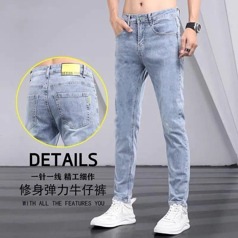 Herr jeans sommaren mäns pojkar mångsidiga avslappnade trend stretch ljus blå smala små fotbyxor