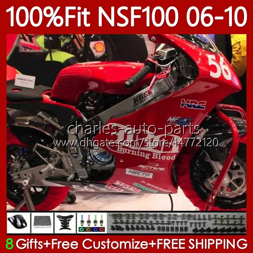 Fiberglass Race Fairings For HONDA NSF100 NSF-100 NSF 100 06 07 08 09 10 Bodywork 116No.54 NS-F100 2006 2007 2008 2009 2010 Glass fiber Injection Mold Glossy Red Body