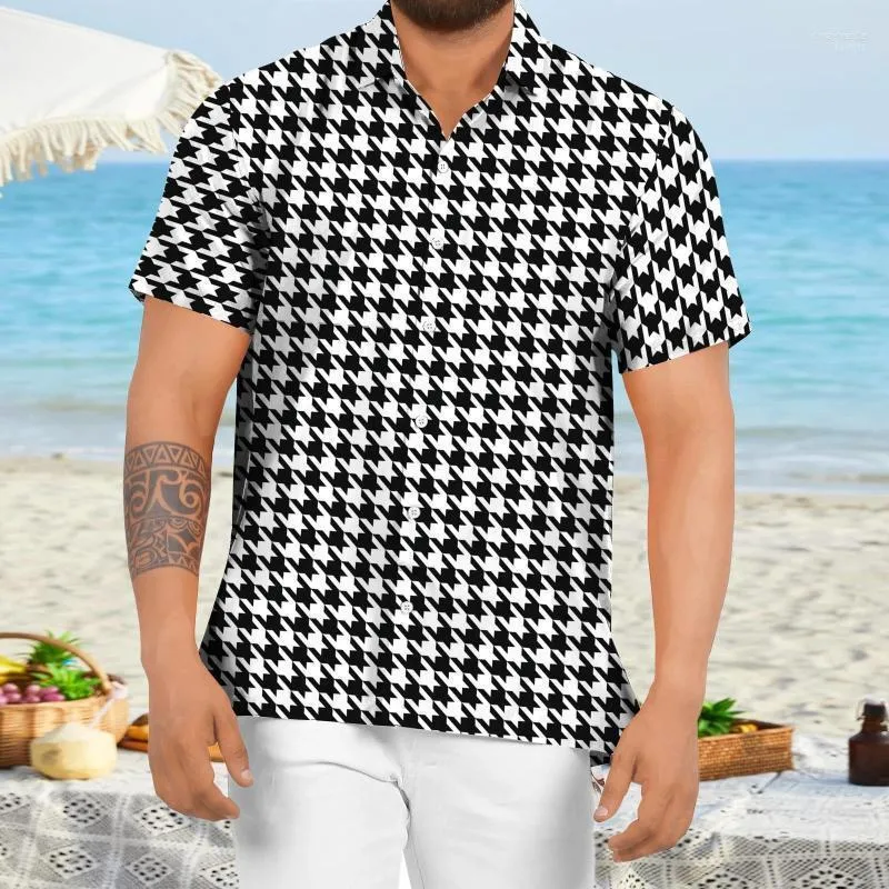 Мужские повседневные рубашки Houndstooth -клетчатая рубашка мужчина весенняя летняя пуговица вниз по уличной одежде с коротким рукавом блуз