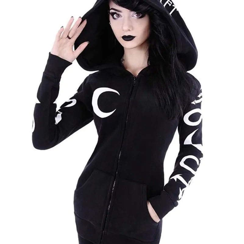Women Hoodies Gothic Punk Moon رسالة طباعة Sweatshirts الخريف الشتاء طويل الأكمام السوداء السوستة سحاب معطف غير رسمي 5xl 220725