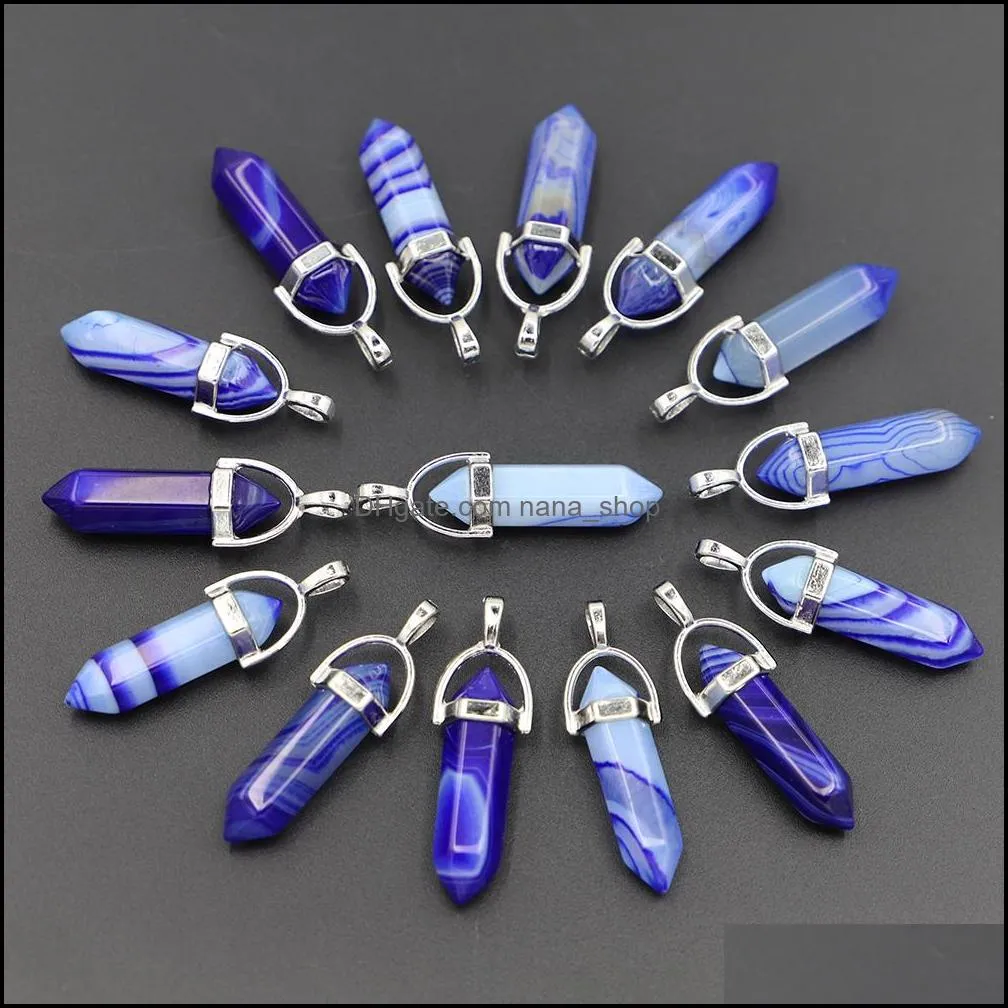 Natural Stone Blue Agate Hexagon Pillar Point charms Pendants Jewelry Making Earrings Necklace Accessories
