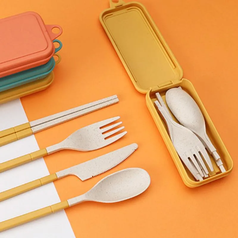 Wheat Straw Fold-Able Cutlery Set Dinnerware Sets Creative Removable Knife Fork Spoon Chopsticks Portable Four-Piece Student Gift GH0030