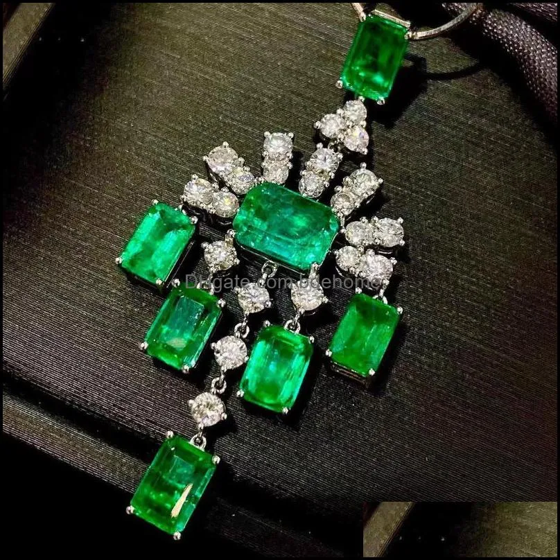pendant necklaces luxurious geometric emerald women`s 925 silver green zircon lady birthday cocktail gift jewelrypendant