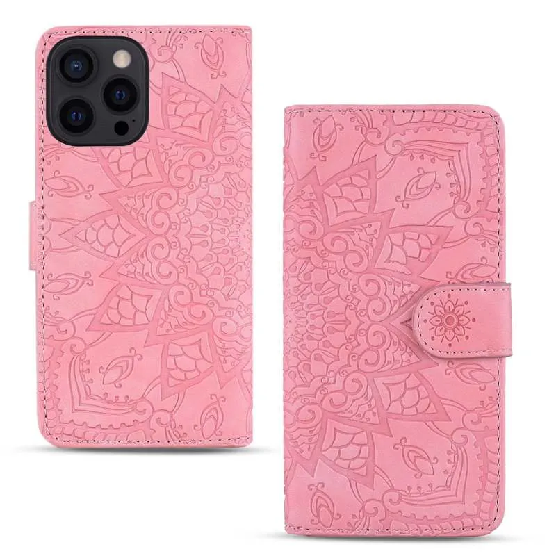 Samsung GalaxyのレザーウォレットケースA53 A33 5G One Plus Nord CE 5G N200 iPhone 14 Pro Max Imprint Flower ID Card Slot Lace Holder Flip Cover Book Lady Pouch