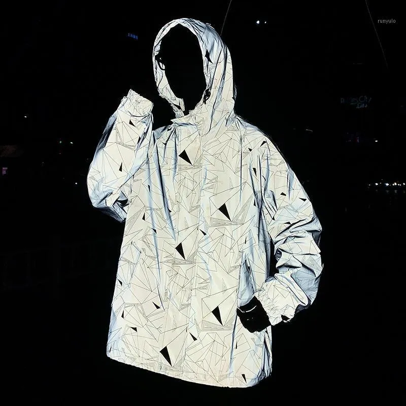 Fashion Streetwear Jackets For Men Reflective Coat Casual Hip Hop Hooded Male Geometric Print Jacket Party Apparel Men's