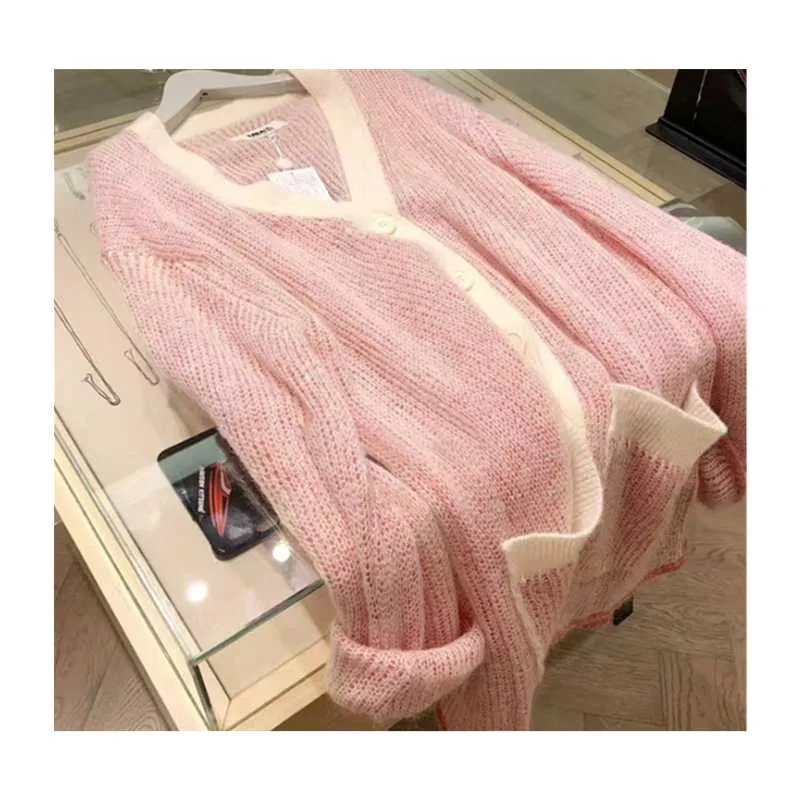 Malhas femininas tees rosa garota francesa suéter solto cardigan2022 outono e inverno de comprimento médio de comprimento de peito único de malha de malha de peito único