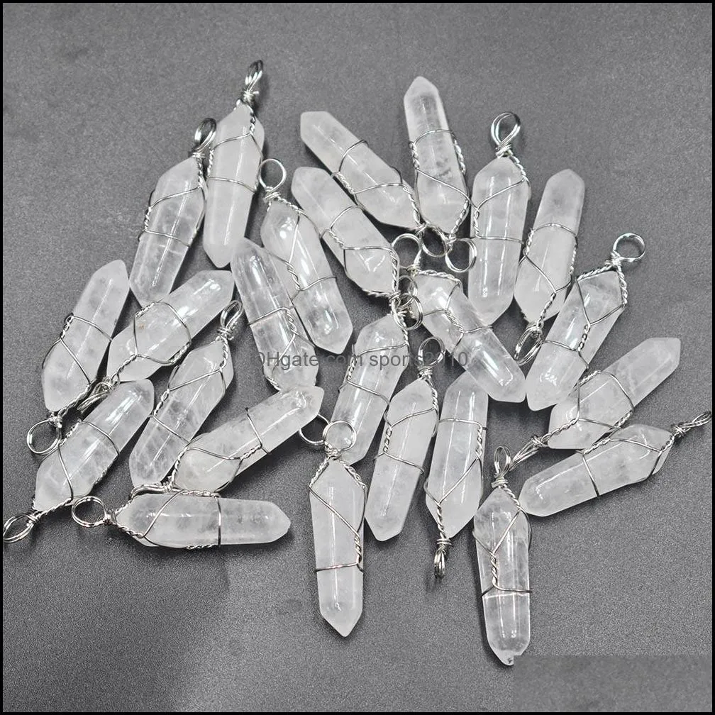 silver wire natural stone white crystal charms hexagonal healing reiki point pendants for jewelry making