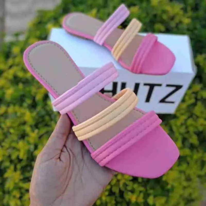 Slippers zomer dames sheos vierkant kopje plat bodem eenvoudige kleur matching strand dames groot formaat holle dia's 220530