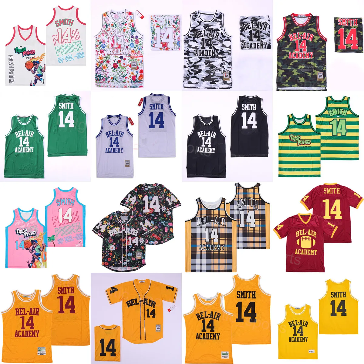 Película Película 14 Will Smith Baloncesto Jersey Jazzy The Fresh Prince Uniforme Jeff DE BEL-AIR GRAFFITI ANIVERSARIO BELAIR Negro Blanco Amarillo Rojo Verde Rosa Todas las costuras