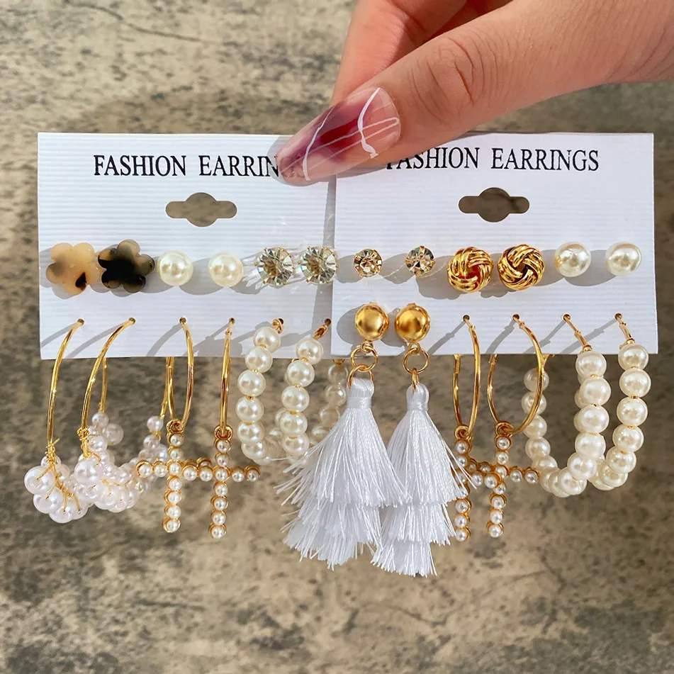 6 paires femmes Vintage balancent perles grand cerceau boucles d'oreilles ensemble créatif Simple acrylique perle clous d'oreille bijoux