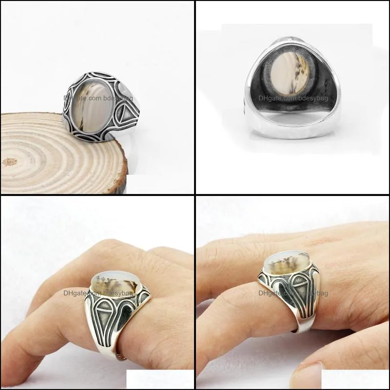 Cluster Rings Turkey Handmade 925 Sterling Silver Natural Agate Stone Men Ring Onyx Thai Craft Finger For Male Women Fine Jewelry