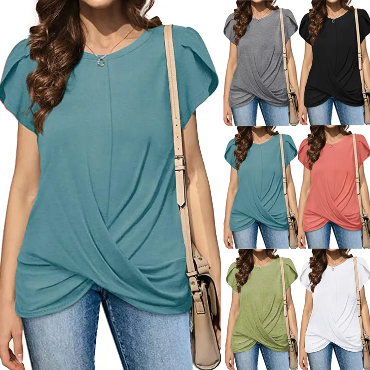 Realfine Summer T Shirts 9820 Crew Neck Cotton Plain Shirts T-Shirts For Women Size S-XL