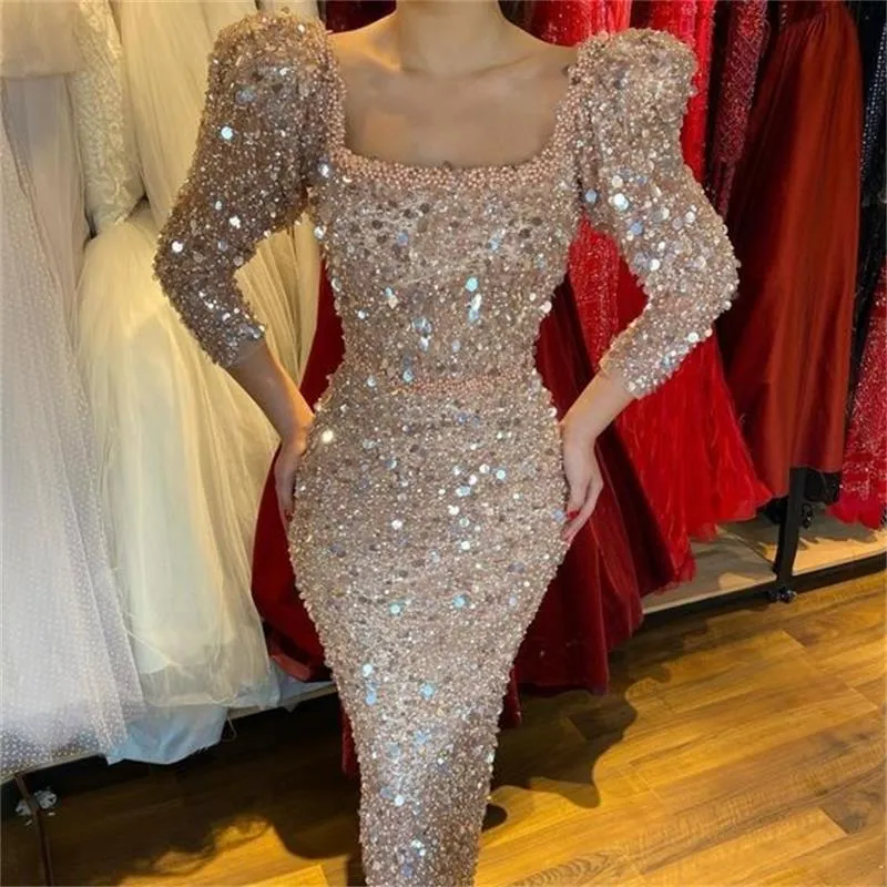 Elegant Evening Dresses for Women 2022 Bride Sequin Prom Gowns with Sleeves Beading Square Collar Cocktail Dress