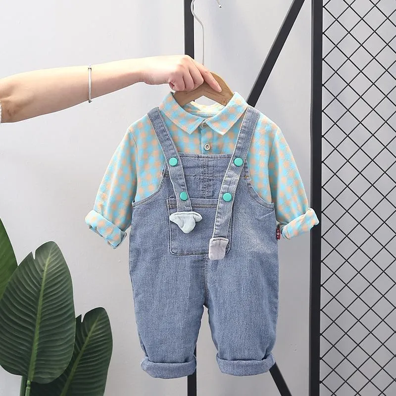 Kläder sätter vår höstfödda baby pojkar kläder kläder pläd skjorta denim bib passar tyg för första födelsedagssatser klädsel
