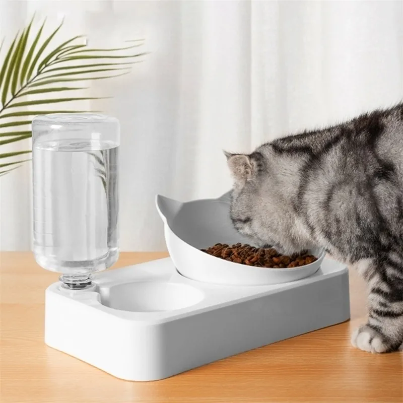 Кошачьи аксессуары продукты Pet Double Bowls Пластиковые кошачьи собачьи чаши автоматически добавляют воду, используемая для питья и употребления мисок с подставкой 210320