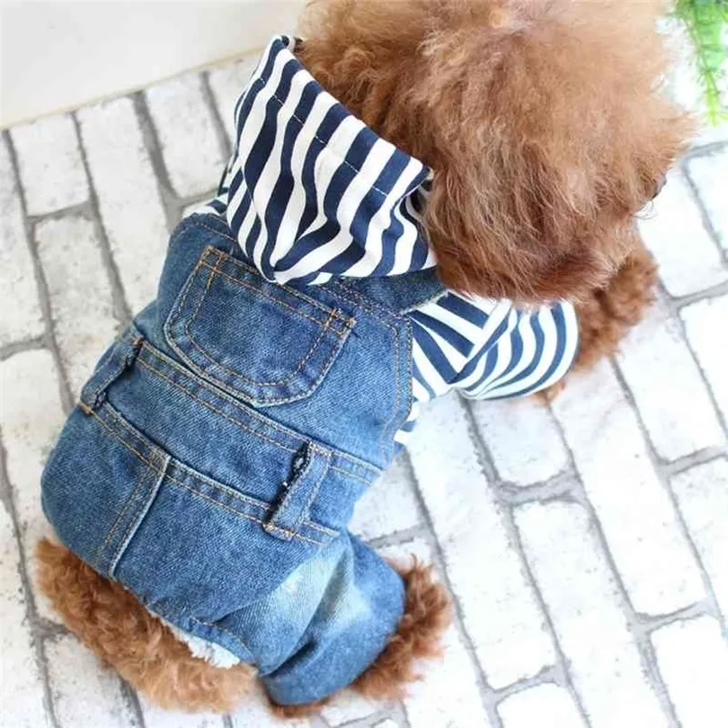 Stripe Denim Jumpsuit Dog Cat Jeans Overalls Fyra ben Huvtraktkläder för valp Yorkies Chihuahua Cowboy Coat 210401