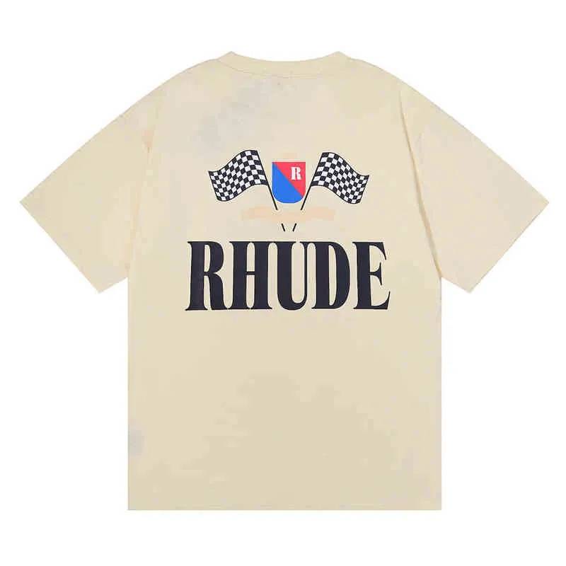 Rhude 2022 여름 일본어 하이 스트리트 패션 브랜드 티셔츠 느슨한 거리 문자 인쇄 티셔츠 남자와 여자