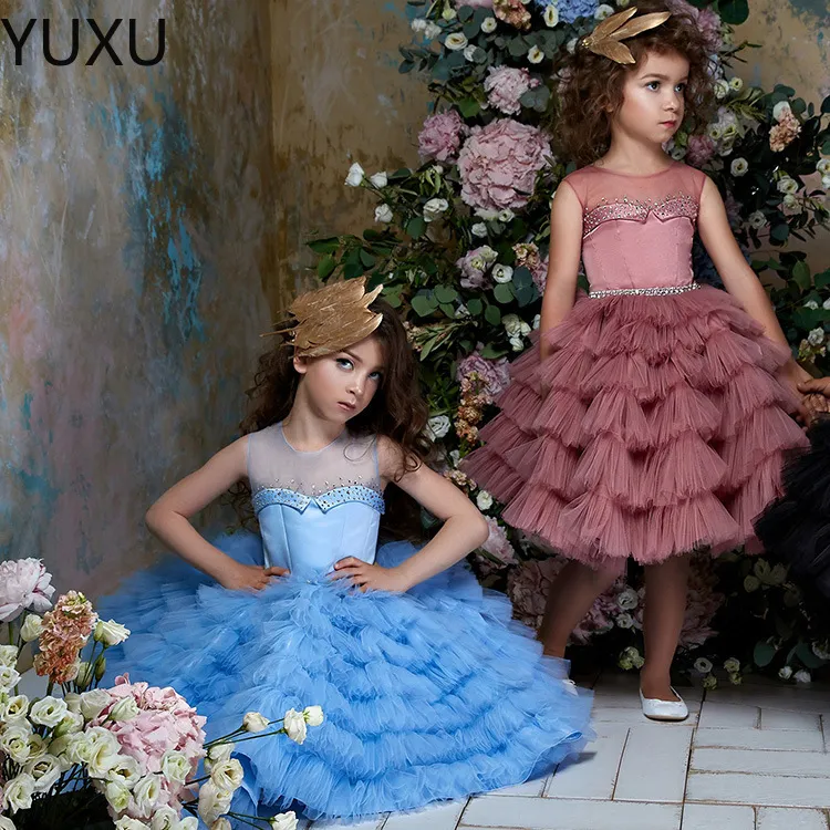 2022 Симпатичные платья для девочек с принцессой для свадьбы с плеча длинные кружевные бусинки Тул Пухние Раффлс Дети ДЕТА