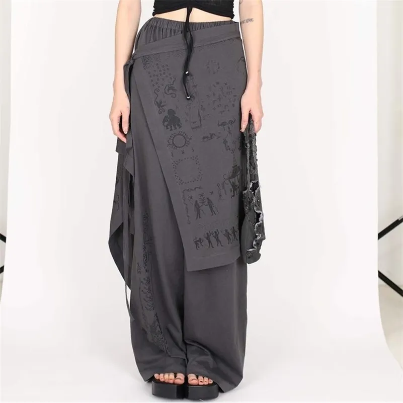 Japanese Harajuku Fake Two piece Irregular Trousers Women Pant Skirt Women s Elastic Waist Sashes Wide Leg s Casual 220726