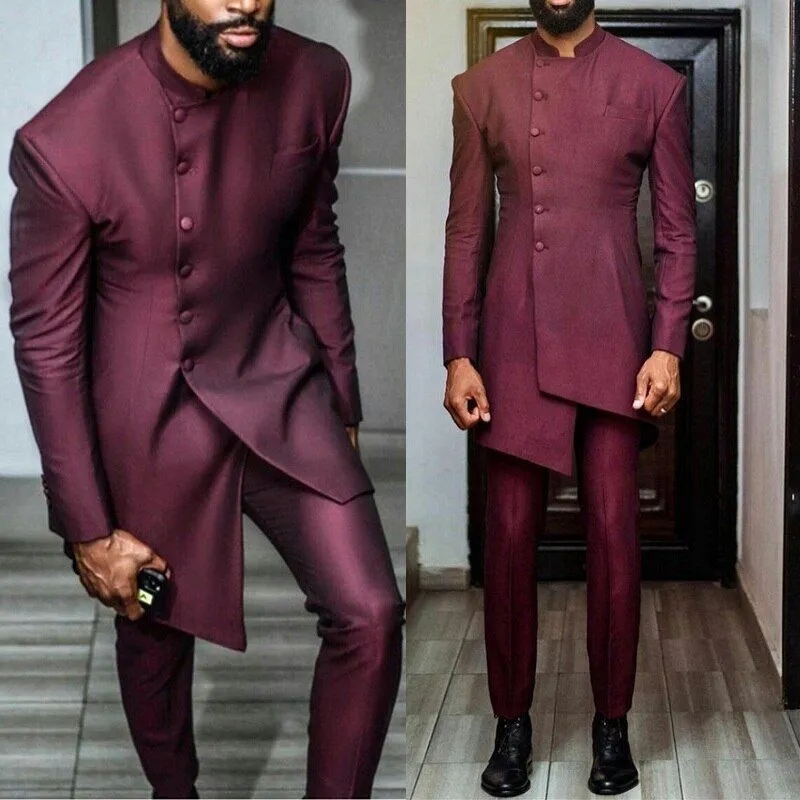 African Burgundy Men's Blazer Suits 2 Pcs Single Breasted Wedding Tuxedos Formal Party Wear Custom Made Fashion Man Suit