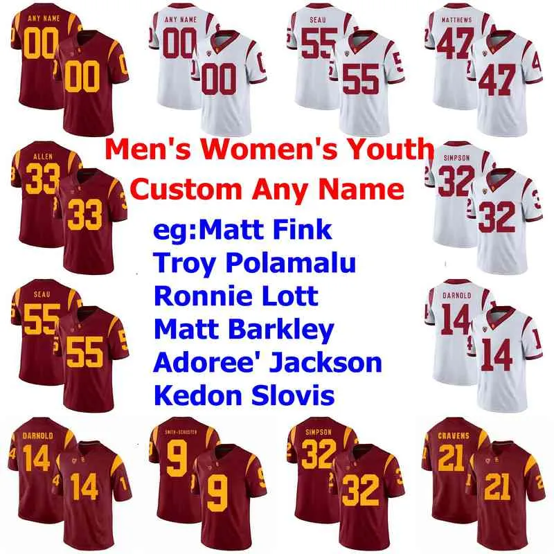 Custom USC Trojans College Football Jerseys Kids Youth Marcus Allen Jersey Clay Matthews Matt Fink Troy Polamalu Ronnie Lott Red Stitched
