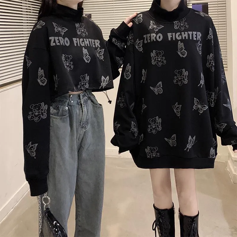 Bluzy damskie bluzy gotycka bluza kobiet motyl zabawny druk 2022 Autumn Fashion Tops High Street punk styl harajuku turtlen