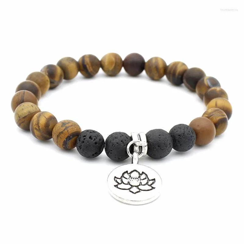 Beaded Strands Pameng Tiger Eye Lava Bracelet For Men Women Lotus Pendant Bangle Meditation Mala Buddhist Prayer Healing Blance Yoga Jewelr