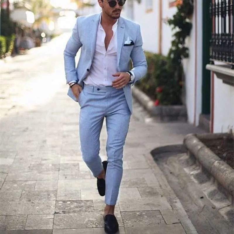 Trajes de hombre Blazers 2022 esmoquin azul claro para hombre para boda 2 piezas traje de solapa de pico de negocios Homme fiesta Veste Mariage255u