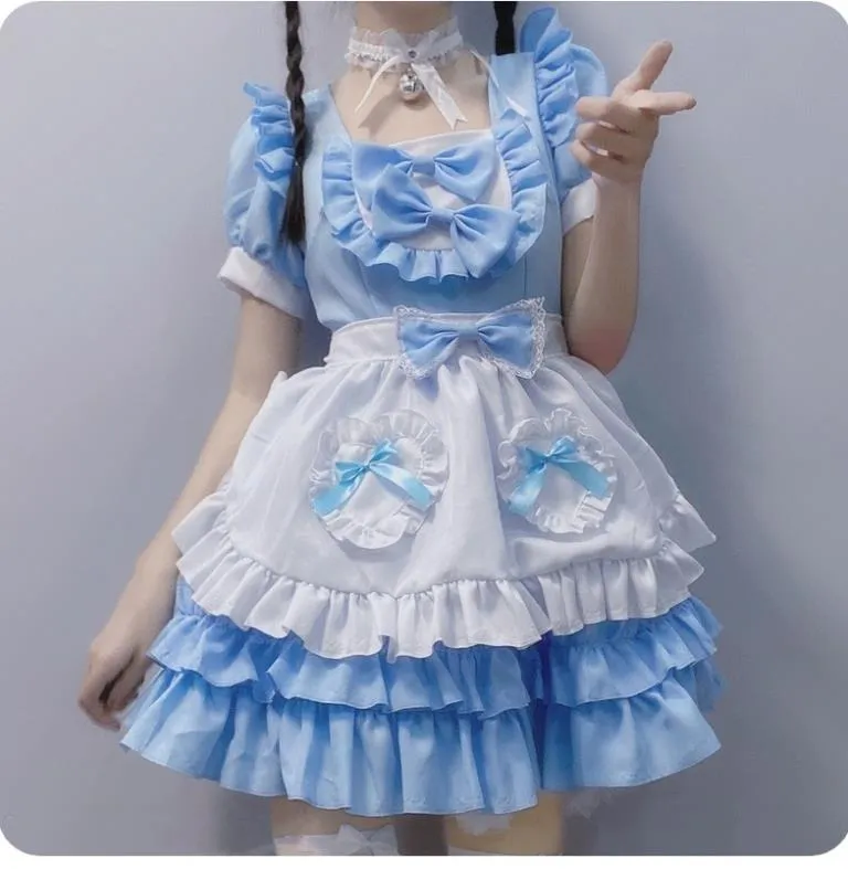 Anime Maid Apron Cosplay bunny Maid set for Women - Sweetheart Necklace in Blue, Pink, and Black
