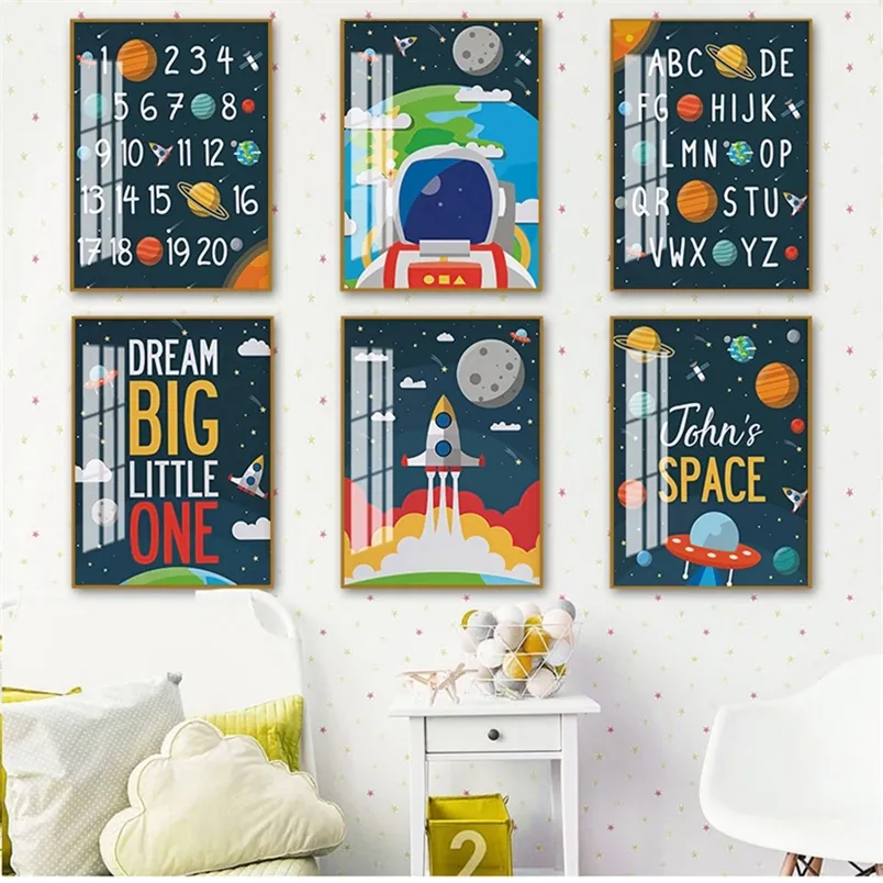 Posters And Prints Wall Pictures Baby Kids Room Decor Custom name Astronaut bet Numbers Nursery Wall Art Canvas Painting 220623