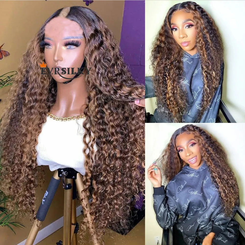 Mettez en surbrillance brun chocolat foncé Bouncy Curly V Part Wigs Unprocesse 100% cheveux humains sans colle Ombre Blonde Water Wave Full U Shape