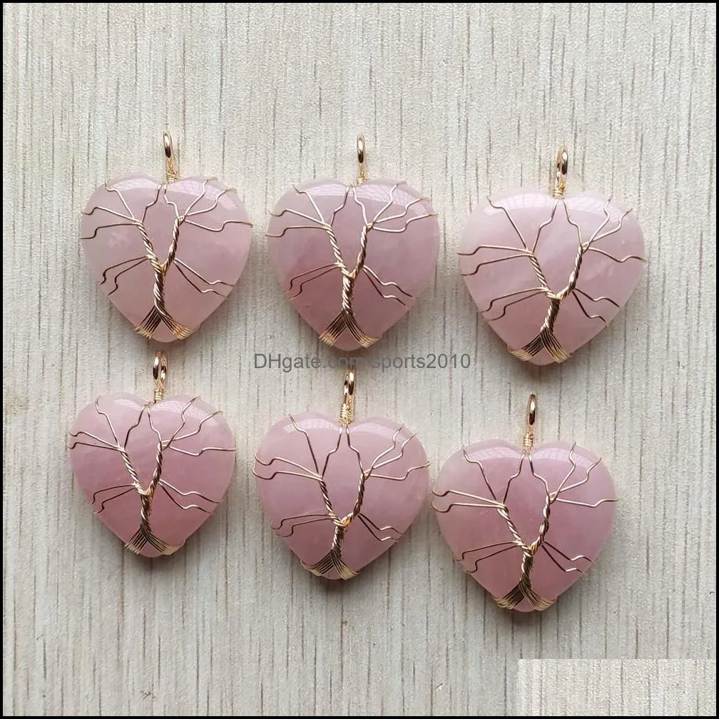 natural roses quartz stone charms tree of life golden wire wrapped love heart pendants for necklace jewelry marking wholesale