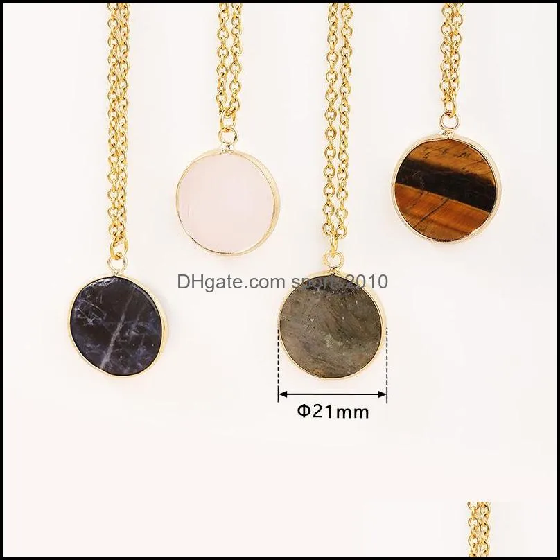 round stone crystal charms gold chain pendant necklaces tiger eye rose quartz wholesale jewelry for wome sports2010