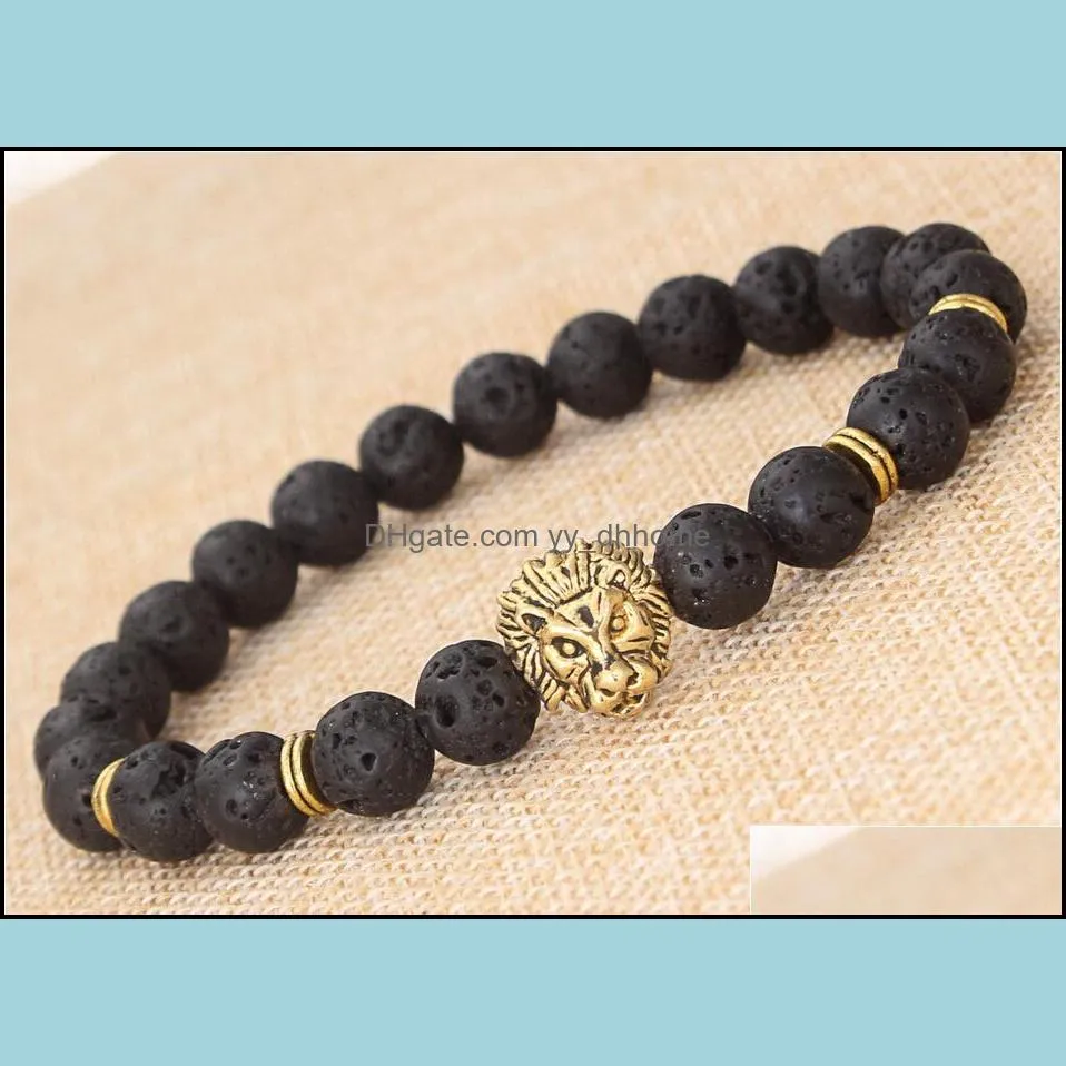 Natural Lava/volcanic Buddha Leo  Head Beaded Strands Bracelet Black Lava Stone Bead Bracelets Men Women Jewelry Rope Chain Strand