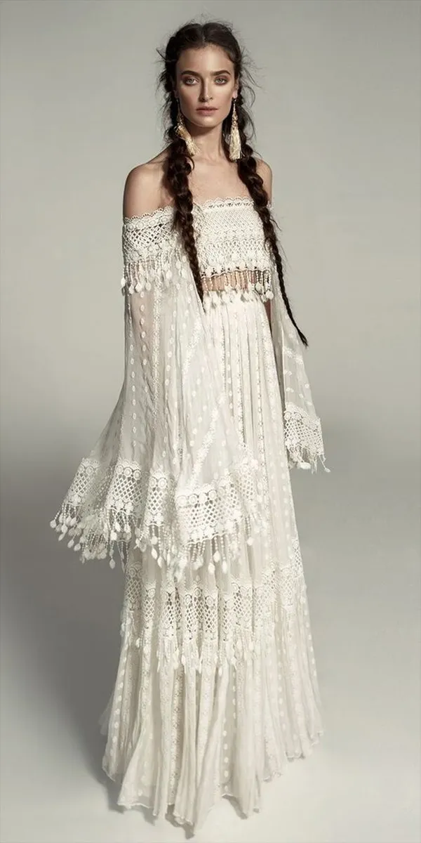 Vintage Crochet Dentelle Plage Robes De Mariée Bohème Gland Hors Épaule Deux Pièces Vacances D'été Robes De Mariée Robe Robe Meital Zano