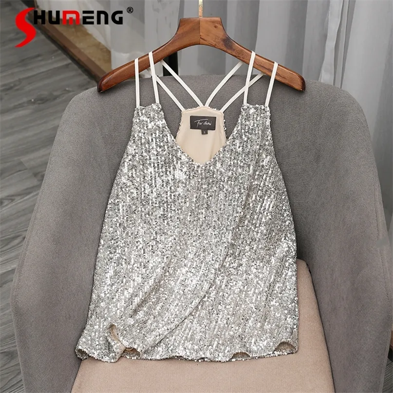 Gilet senza maniche con paillettes argento sexy per le donne Capispalla da donna Gilet senza schienale lucido con paillettes alla moda per la festa serale 220519