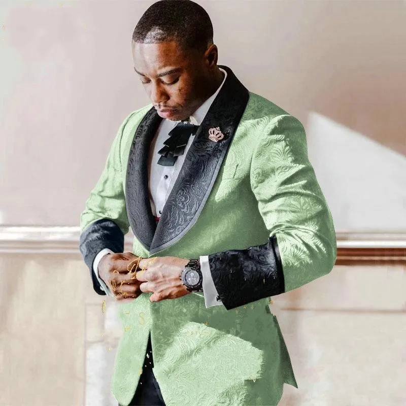 Gloednieuwe Mint Green Embossing Bruidegom Tuxedos Black Rapel Groomsman bruiloft 3 -delige pak Populaire mannen Business Prom Jacket Blazer Jacket Pants Tie Vest 2258