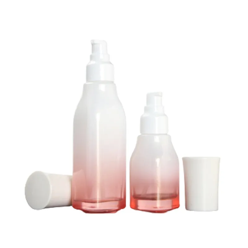 Tom förpackning fyrkantig glasflaska gradient rosa vit lotion spark press pump med plug portable påfyllningsbar kosmetisk förpackningsbehållare 40 ml 100 ml 120 ml