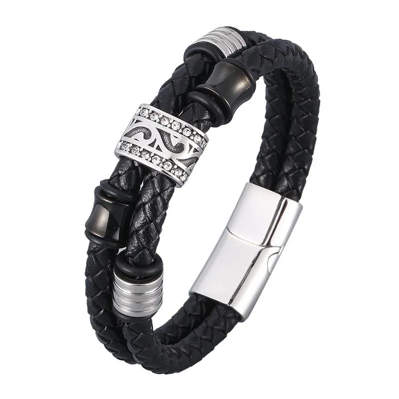 Charm Pulseiras Punk Preto Duplo Couro Genuíno Bracelete Trançado Para Homens Aço Inoxidável Vintage Masculino Pulseira de Pulso Jóias de Mão SP0953