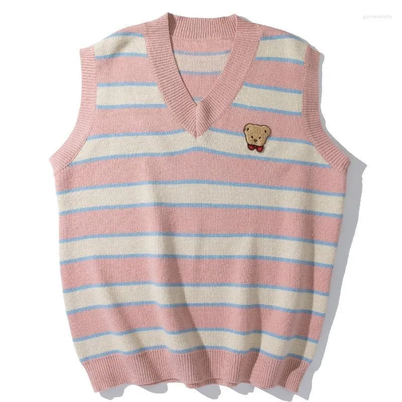 Gilet da uomo LACIBLE Harajuku Streetwear Maglione Pullover Gilet Uomo Vintage Striped Bear Patch Senza maniche Maglia Allentato Casual Canotte Guin22