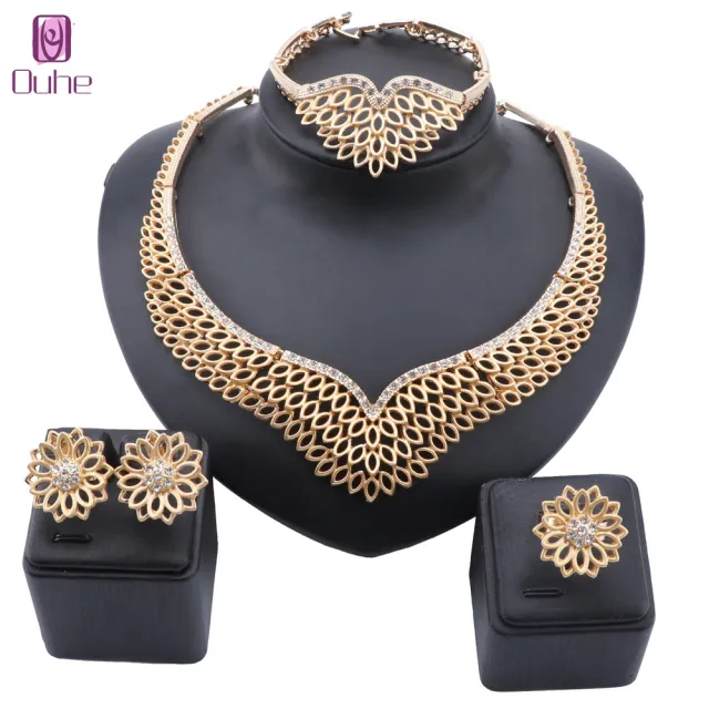 Vrouwen Afrikaanse kralen sieraden set bruiloft choker ketting oorbel bruids Dubai gouden kleur kristal sieraden sets