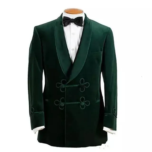 Casual Style hunter Green Velvet Men Suits Shawl Lapel two Button Blazer Wedding Tuxedos Custom Made Coat jacket