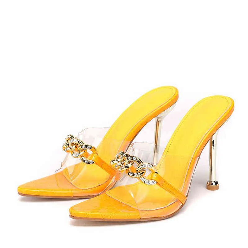 슬리퍼 새로운 PVC 투명 금속 중국 디자이너 신발 여성 섹시한 뾰족한 발가락 샌들 펌프 노새 하이힐 레이디 슬라이드 크기 42 220321