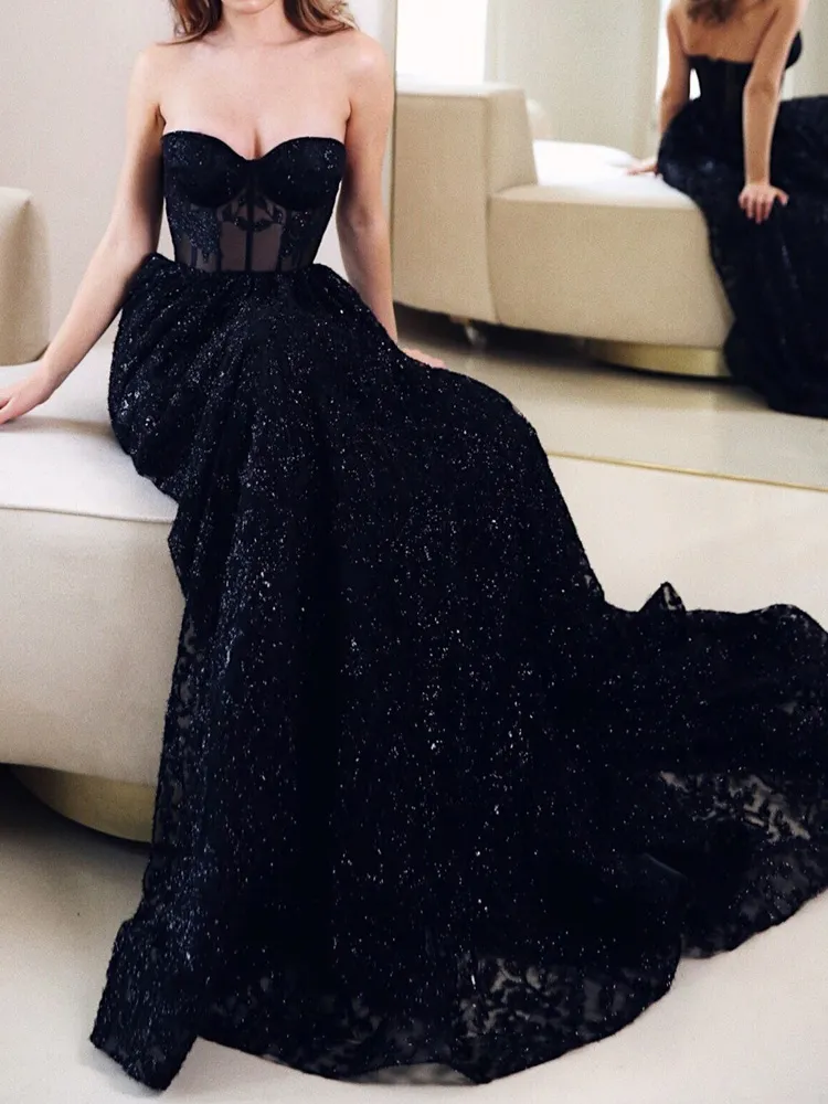 Sexy Black Evening Dress Sweetheart Backless Sweep Train Shining Sequined Fabric Prom Gowns