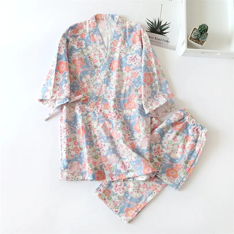 일본식 기모노 코튼 신선한 스타일 잠옷 정장 여성 캐주얼 봄과 여름 2 피스 홈 서비스 220329