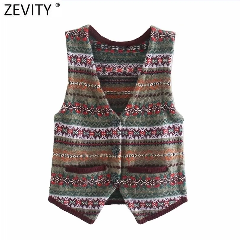 Zevity Women Indie Folk v Neck Contrast Color Flower Print編みベストセーター女性シックなレトロチョッキカーディガントップスS541 210204