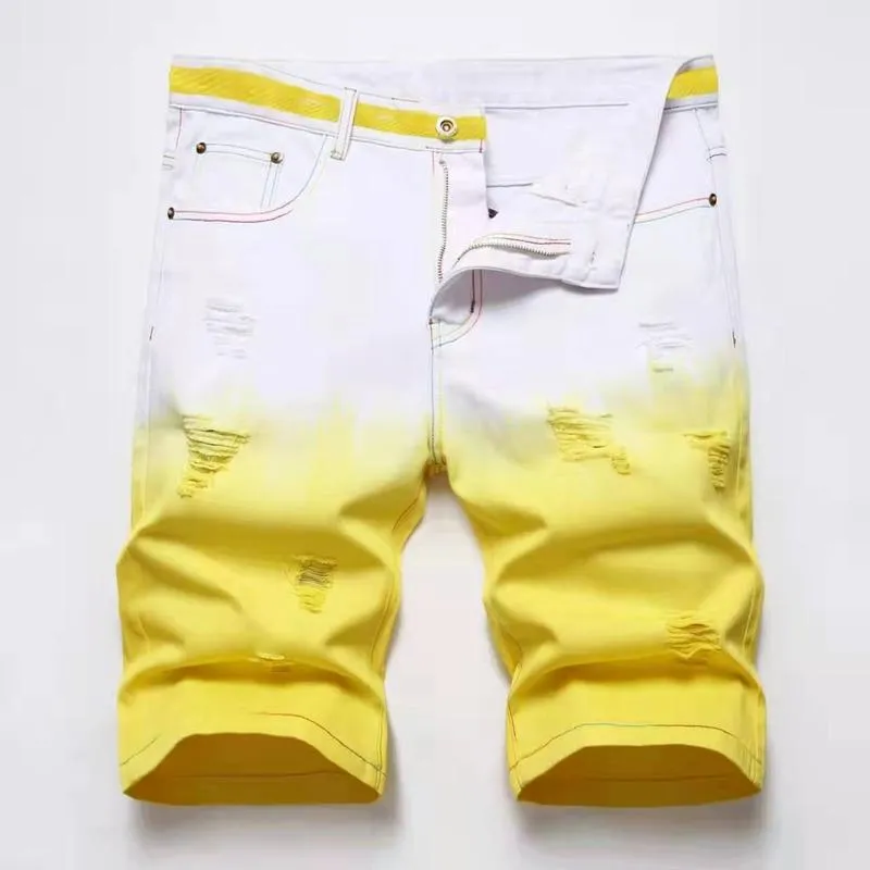 Pantaloncini da uomo Pantaloncini corti in denim verde giallo Uomo 2022 Jeans cargo estivi Marca casual Classic Beach Hole Strappato BermudaUomo
