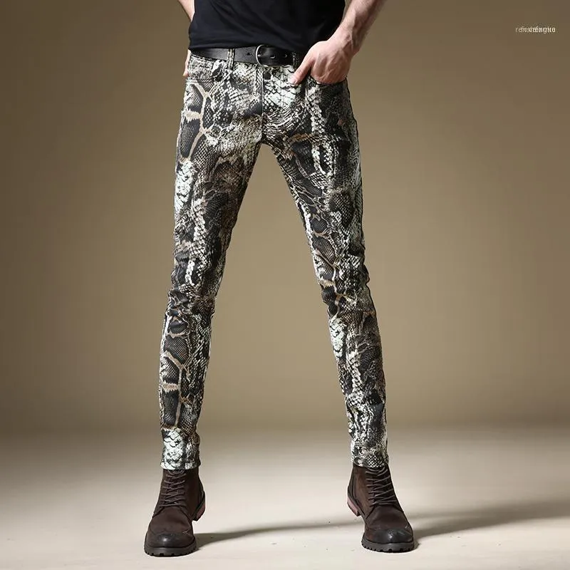 Calças jeans masculinas fashion estampadas pele de cobra justas justas1