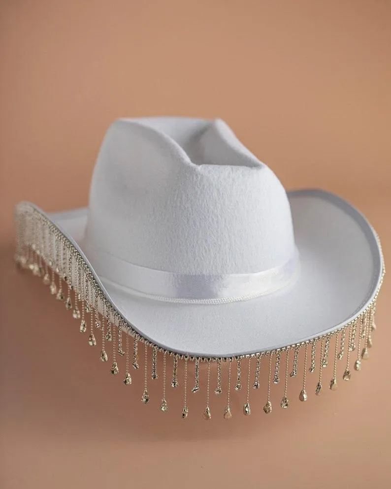 Chapeaux à large bord White Diamond Fringe Bride Cowgirl Hat Mrs. Cowboy Bridesmaid Gift Bridal Summer Country Western HatWide