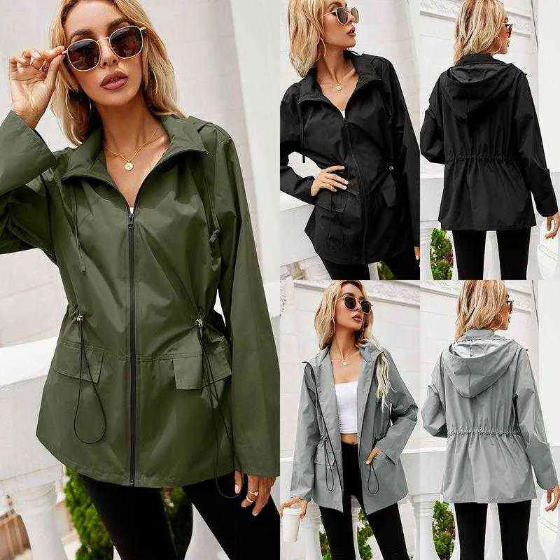 Women's Trench Coats 2021 Autumn/Winter Hoodie Waist Rain Jacket Zip Raincoat Outdoor Mountain Clothing Womens Clothes Designer T220811